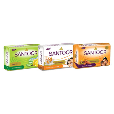 Santoor Skin Softening Sandal & Almond Milk Bathing Soap with Nourishing & Anti-Aging Properties| For Smooth & Soft and Younger-Looking Skin| For All Skin Types| 125g, Pack of 5